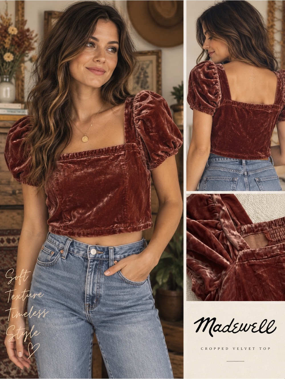 Madewell Women's Cropped Velvet Top in Rust Silk Blend #1219CL